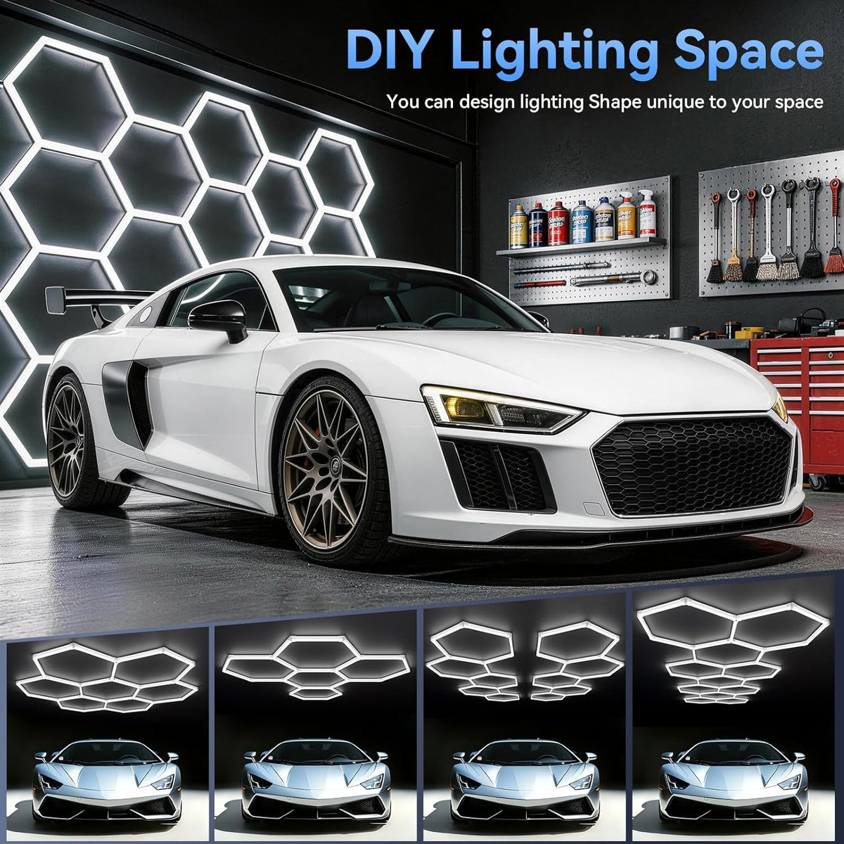 LZHOME Luces LED hexagonales de garaje de 5000 K: paquete de 25 actualizaciones de 1.31 pulgadas más amplias, 26300LM iluminación hexagonal súper brillante para techo, luz LED para taller, taller