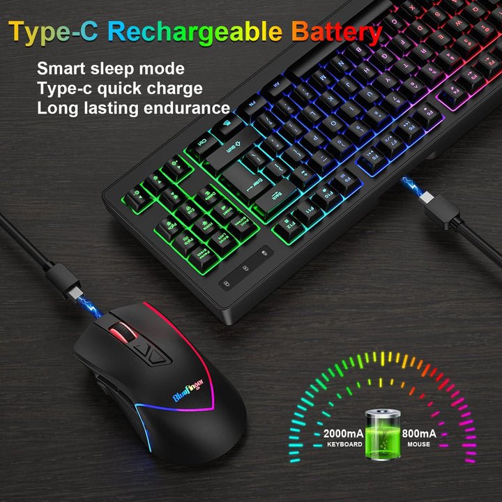 Combo de teclado y mouse inalámbricos BlueFinger, batería recargabl...