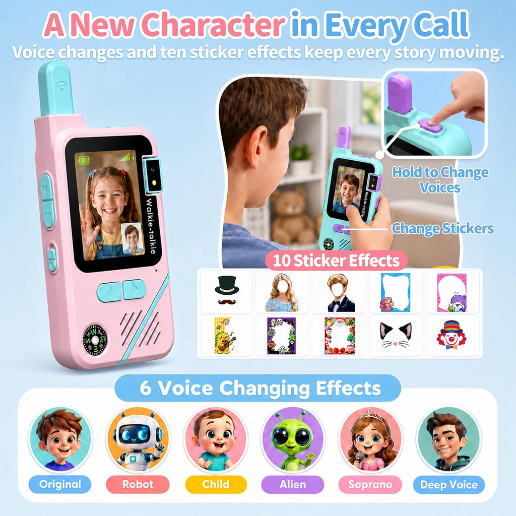 Walkie Talkies de video para niños, paquete de 2 con cámara giratoria de 180°, juguetes de largo alcance, recargable, clip y cordón, regalos de cumpleaños para niños y niñas de 3 a 12 años, interiores