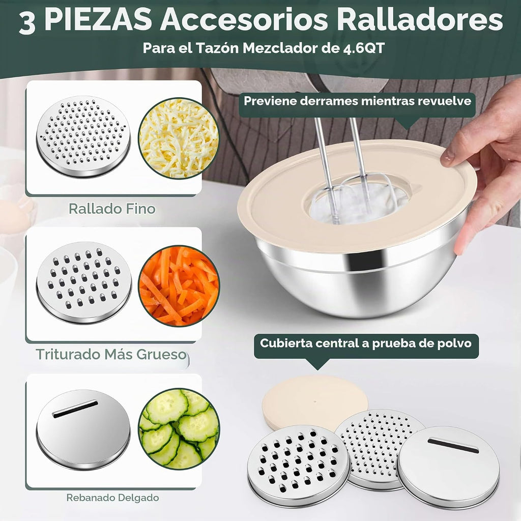 Herogo Juego de 5 Cuencos Anidados para Mezclar con Tapas, 3 Accesorios Ralladores, Khaki