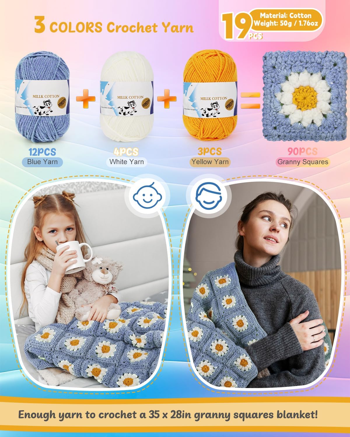 Coopay - Kit de ganchillo para principiantes, kit de manta cuadrada de