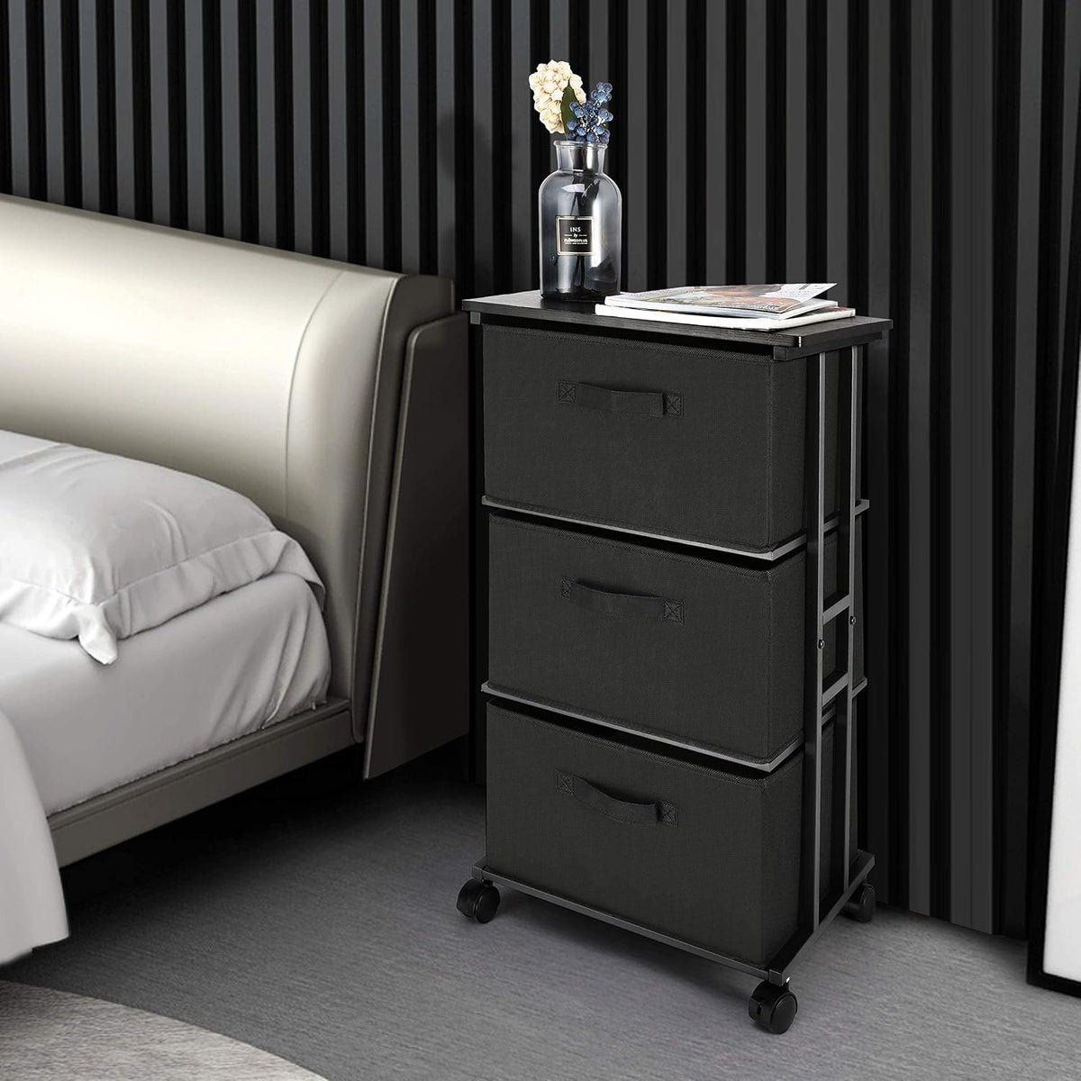 Cómoda de almacenamiento con 3 cajones, cómoda de tela, torre de almacenamiento vertical para dormitorio, armario, oficina, negro