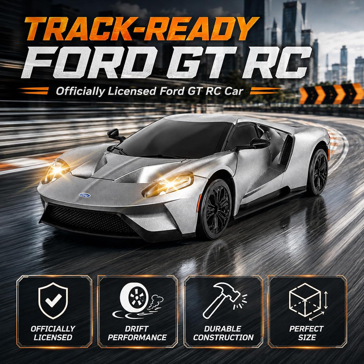 YESHIN 1:24 Ford GT RC Drift Car Plata, Coche de control remoto para niños