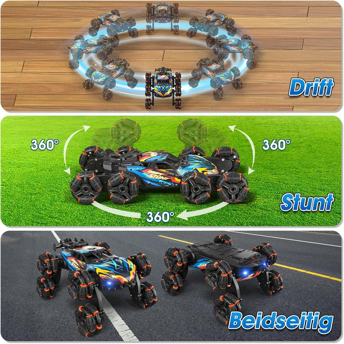 8WD - Coche de acrobacias de carretera con detección de gestos, autos de control remoto con luz LED, música y aerosol, juguetes de automóvil a control remoto de deriva regalos para niños y niñas de 6 a 12 años