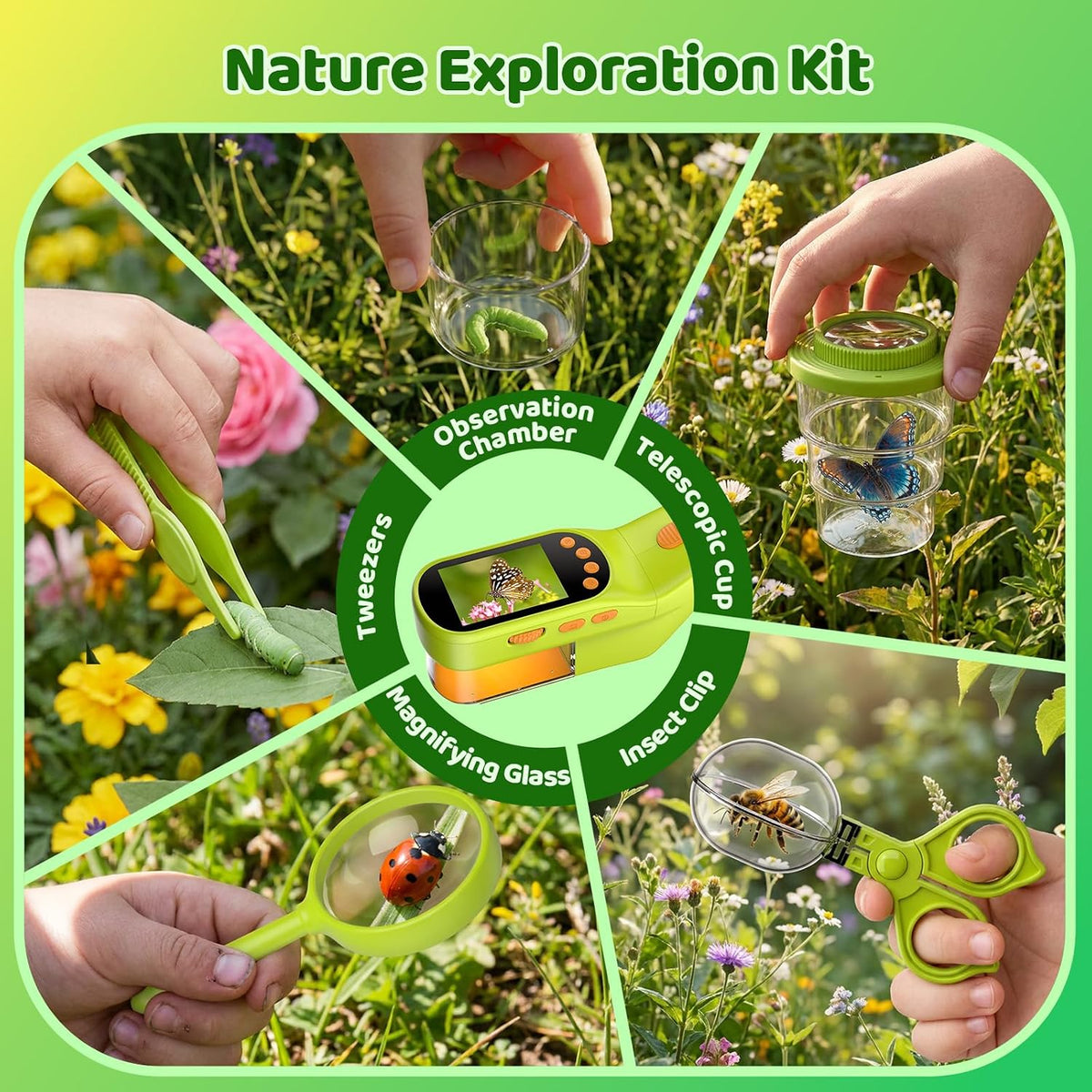 Microscopio de mano para niños, juguete STEM explorador al aire libre con herramientas adicionales, pantalla IPS de 2.4 pulgadas, agarre ergonómico, cámara digital, foto/video, lupa, kit de ciencia