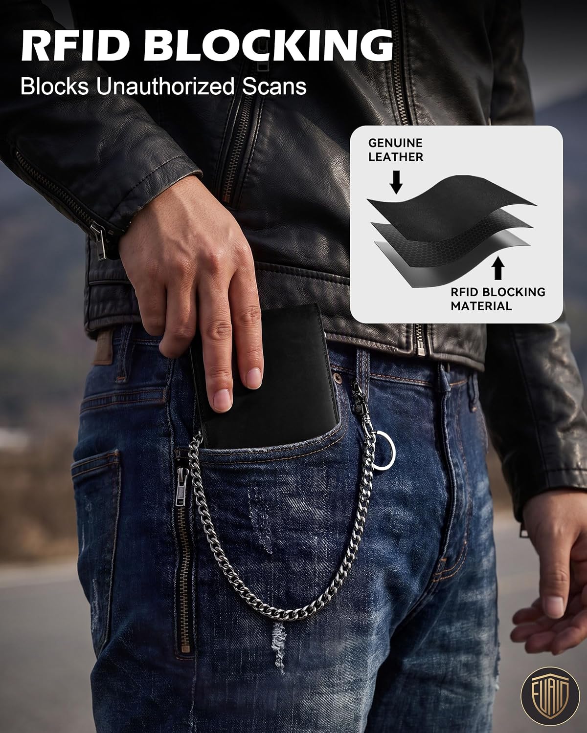 Cartera de piel auténtica con cadena para hombre: cartera RFID para