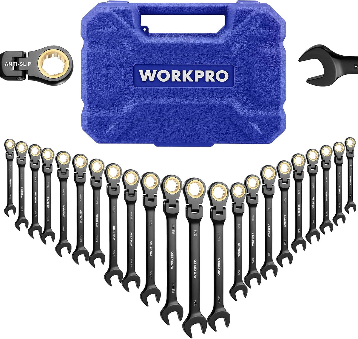 WORKPRO Juego de llaves de trinquete de 22 piezas con cabezal flexible de
