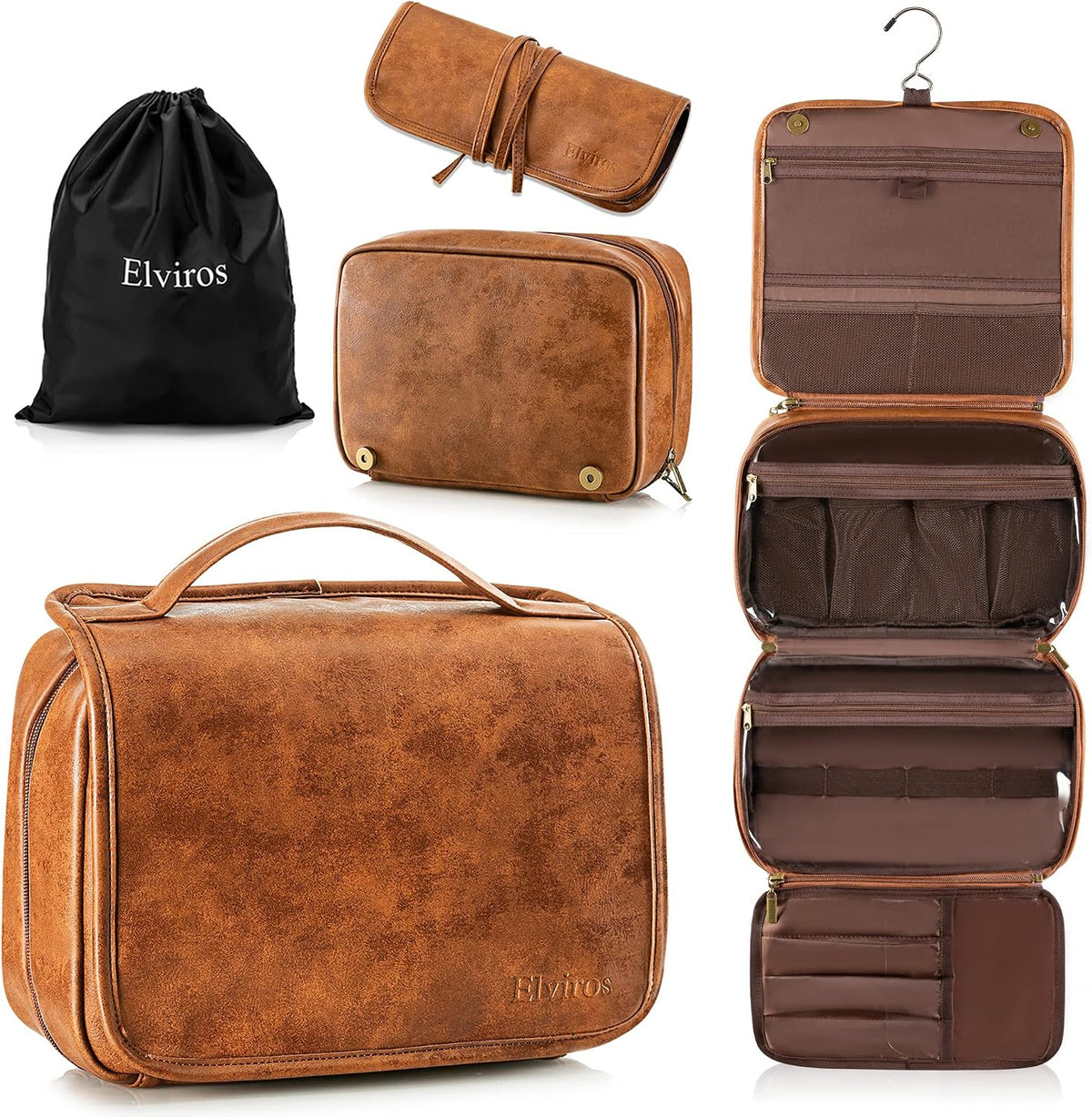 Elviros Neceser colgante para hombre PU cuero afeitado Dopp Kit (marrón)