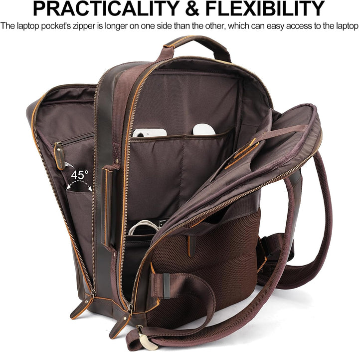 TIDING Mochila para portátil de cuero de grano completo de 17.3 pul...