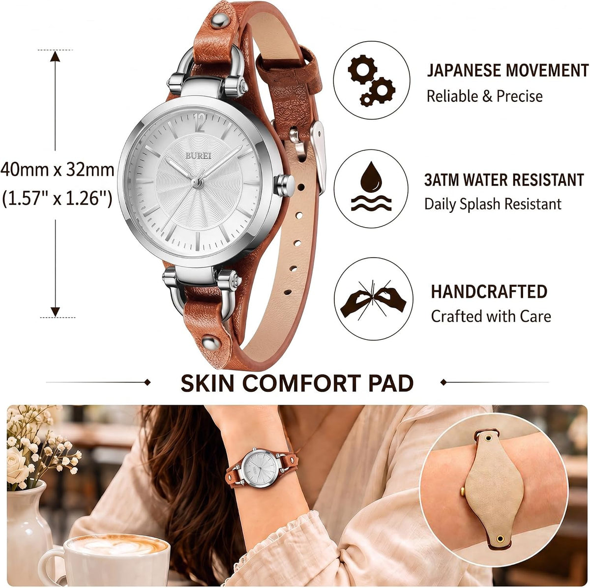 BUREI Reloj de pulsera analógico para mujer, correa de cuero, reloj analógico de cuarzo, pequeño y delgado para mujer, regalo para mujer