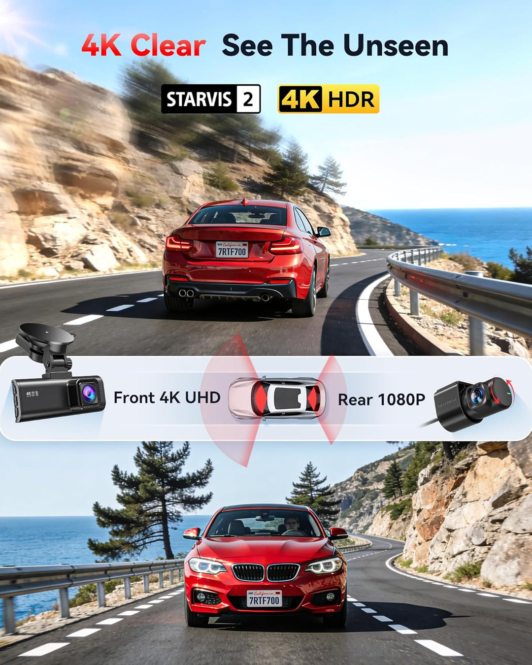 REDTIGER Dash Cam 4K frontal y 1080P trasero, sensor STARVIS 2, WiF...