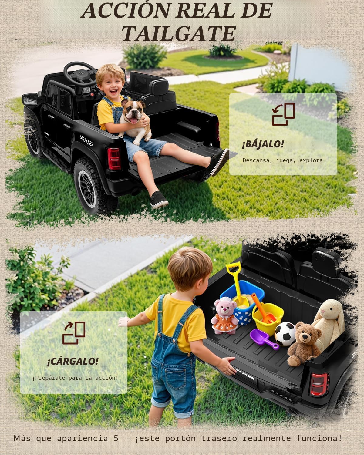 First Ride On Juguetes de paseo de 24 V para niños grandes, auto eléctrico RAM 1500 RHO con licencia para niños con control remoto, camión con Bluetooth, luces LED, almacenamiento de cama de camión