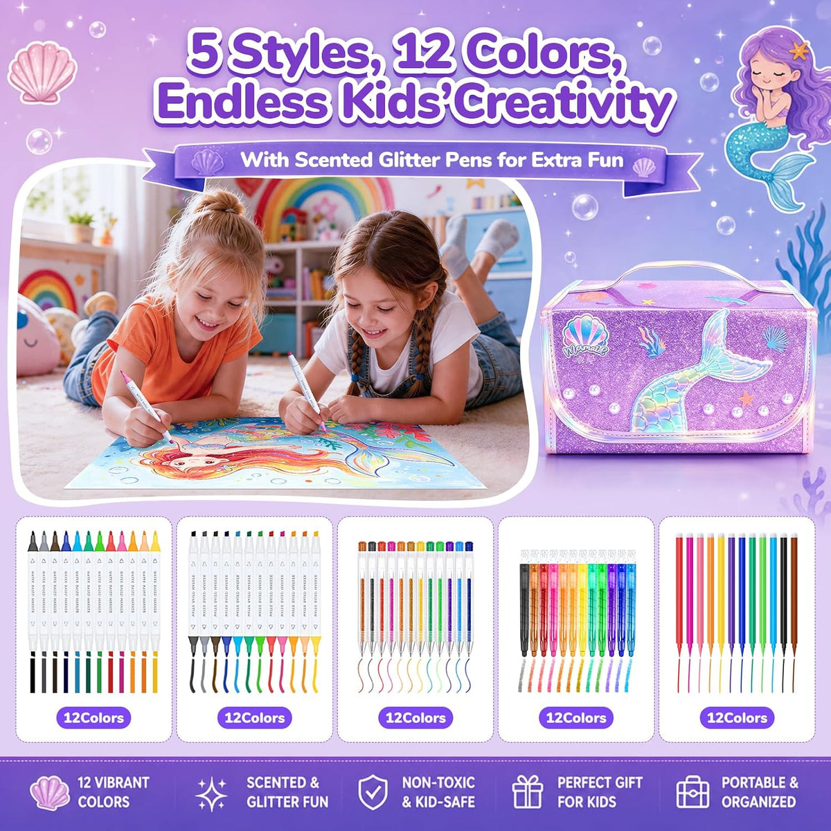 DreamyCandy 70 Pcs Washable Markers Set para Kids 4-8, Mermaid Art Set Gifts