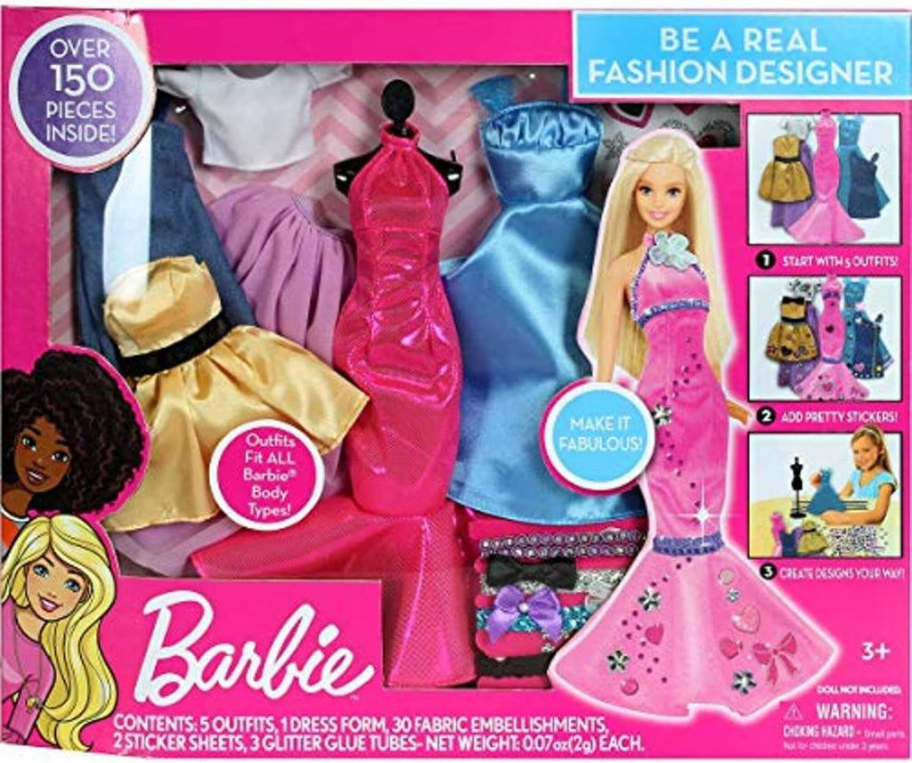 Tara Toys Barbie Sé una verdadera diseñadora de modas Set clásico de kit de ropa de muñeca DIY para niñas con tela, cintas, pegatinas y libro de bocetos Juguetes de moda creativa para niñas de 6 años