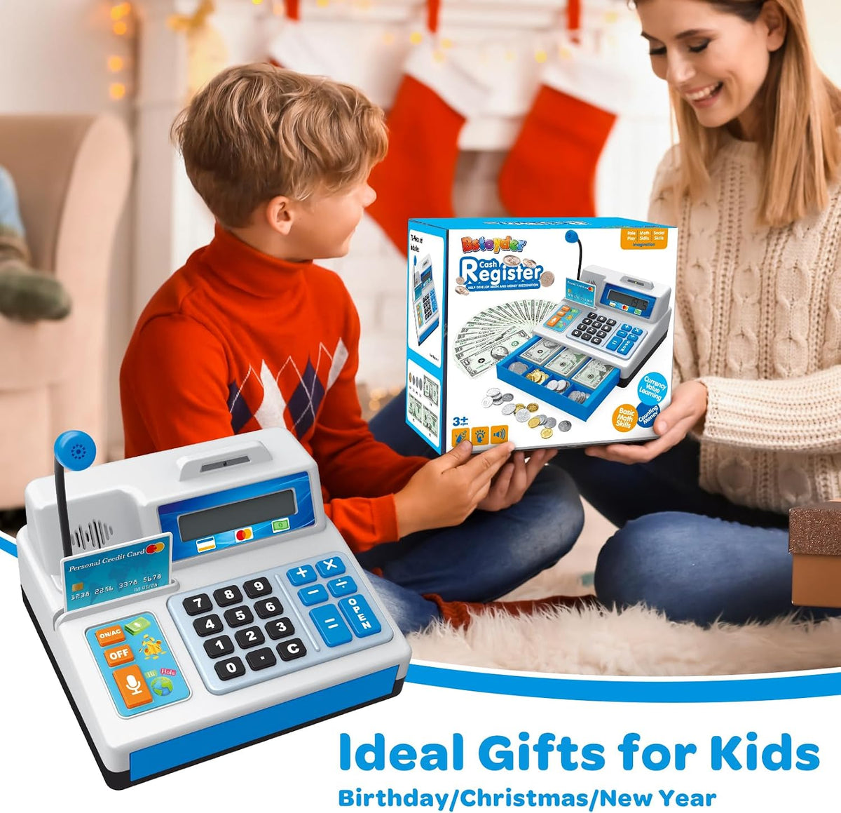 Bstoyder Calculadora de caja registradora de juguete de regalo para niños de 3, 4, 5, 6, 7, 8 años en adelante, 103 piezas de comestibles con micrófono, tarjeta de crédito, caja registradora para niños pequeños de 4 a 8 años