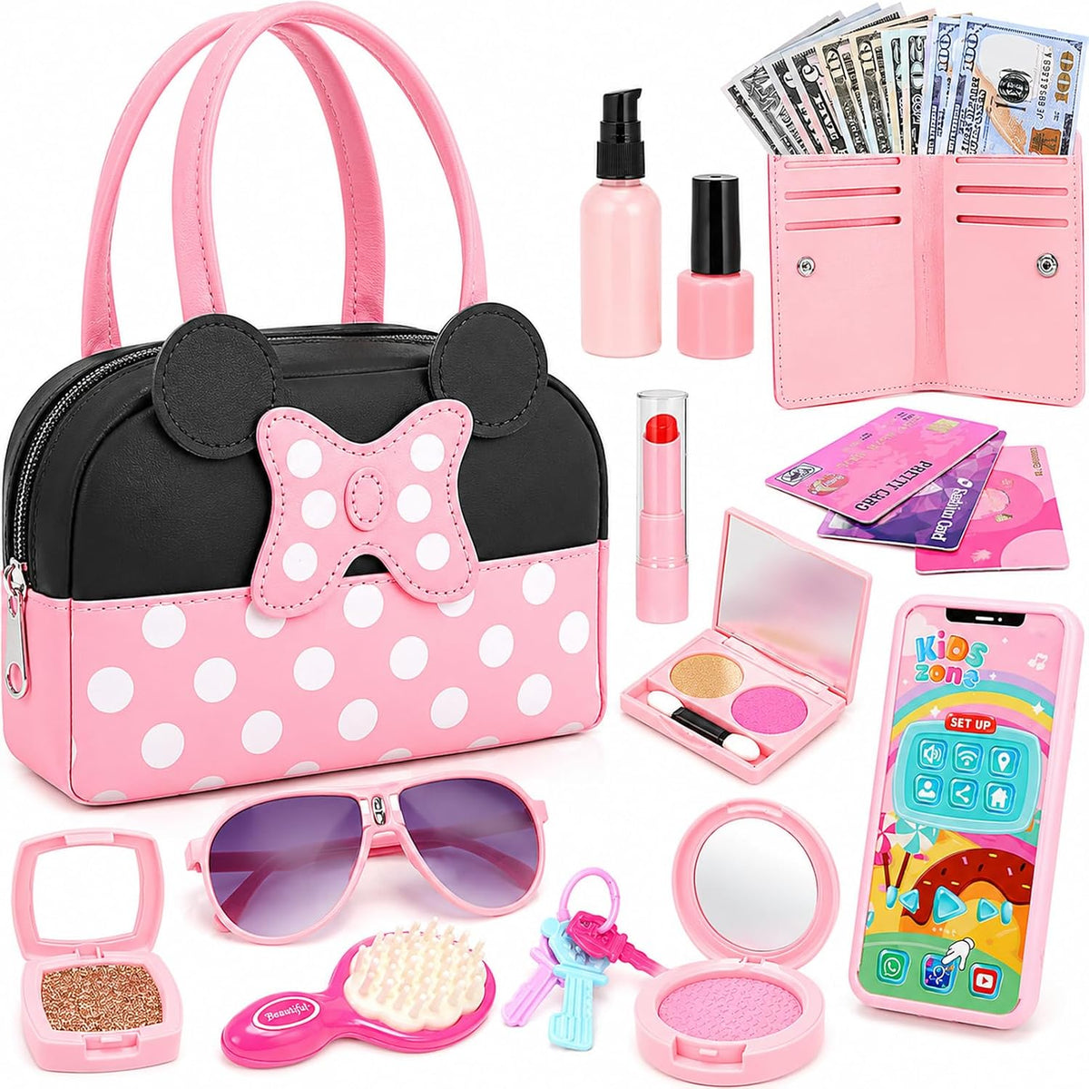 Bolso de juego de simulación para niñas pequeñas, bolso para niños pequeños con juguetes de maquillaje de simulación para niños pequeños, juguetes de bolso de juego de simulación de princesa con