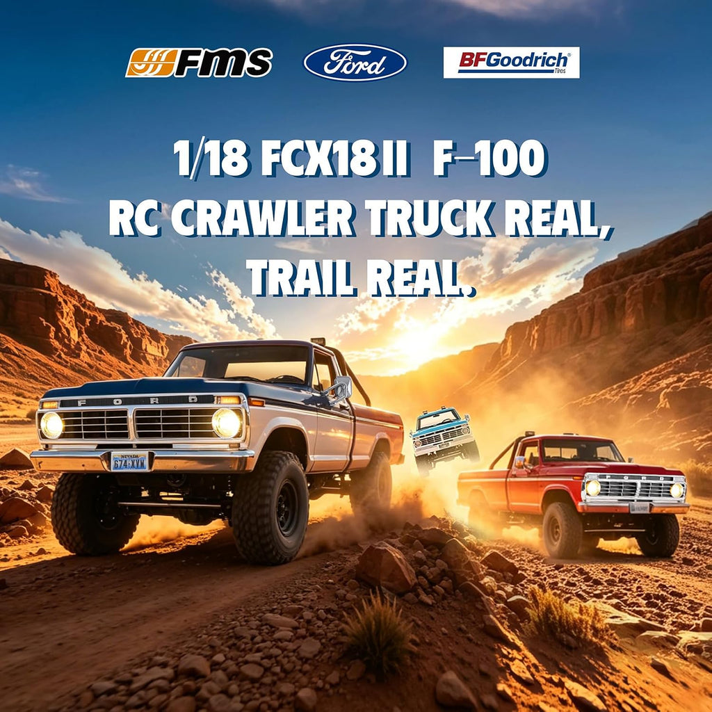 BEEZRC FMS FCX18 II Ford F-100 - Rastreador RC con licencia oficial, camión magnético de liberación rápida a control remoto, chasis LCG, oruga todoterreno para adultos, RTR cepillado (distancia entre