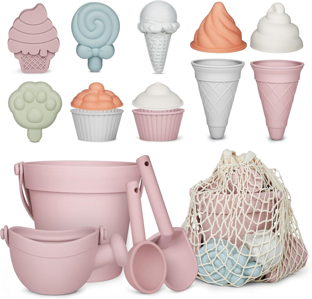 Juego de juguetes de playa de silicona, 17 piezas, color rosa