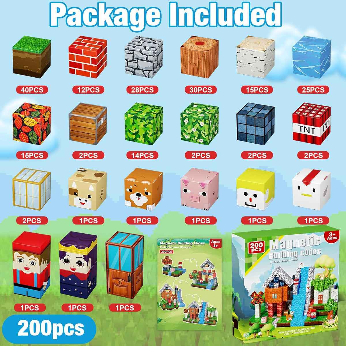 200 piezas de bloques magnéticos, juguetes magnéticos de cubo de co...
