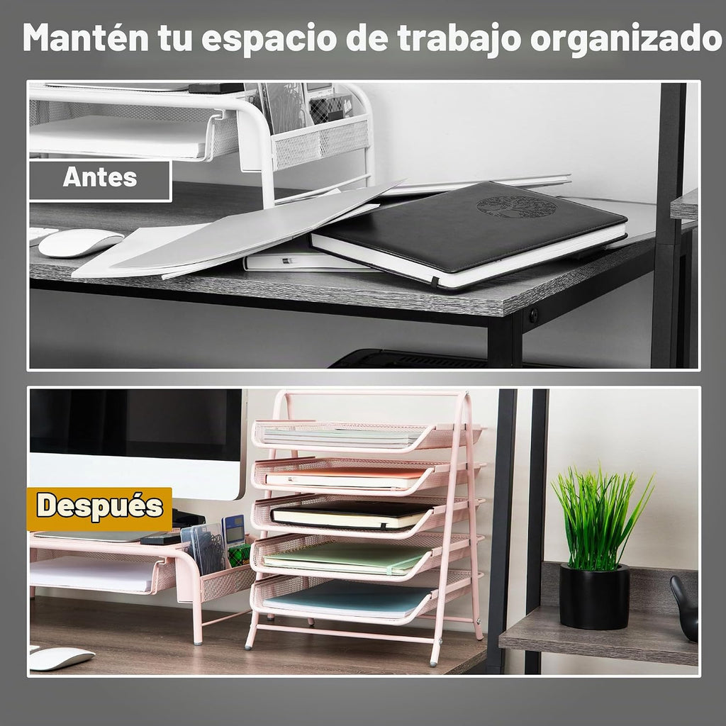Mind Reader 5-Tier Paper Tray Organizer, Vertical Desktop File Storage Rack, Office, metal Mesh, Pink