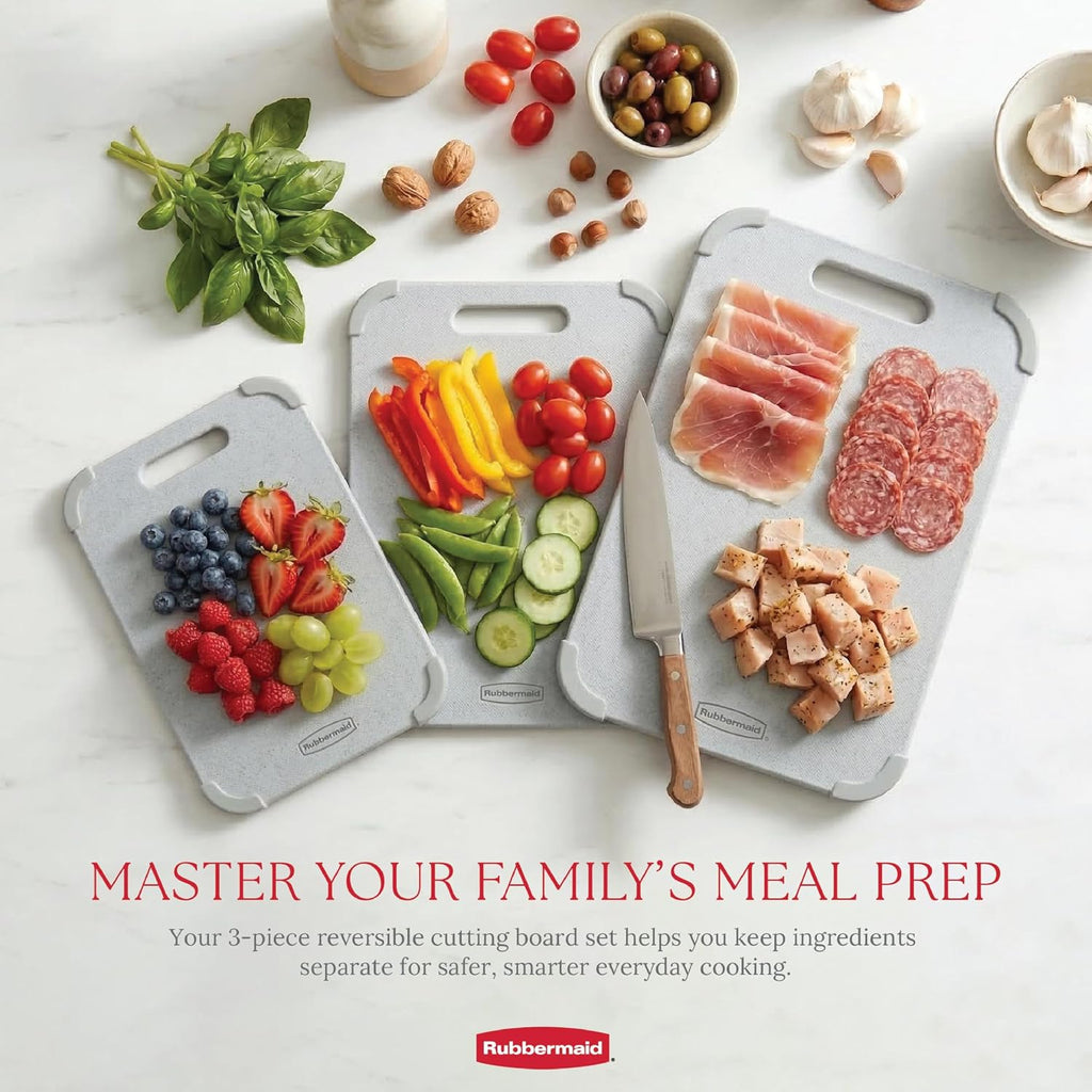 Rubbermaid Juego de tablas de cortar reversibles de fibra de trigo de 3 piezas, tablas de cortar para cocina, aptas para lavavajillas, esquinas antideslizantes, ligeras y fáciles de almacenar, tabla