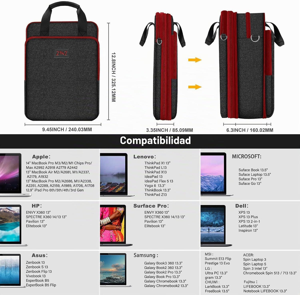 B01K02 - Bolso de hombro expandible 12.9 13 con compartimento para
