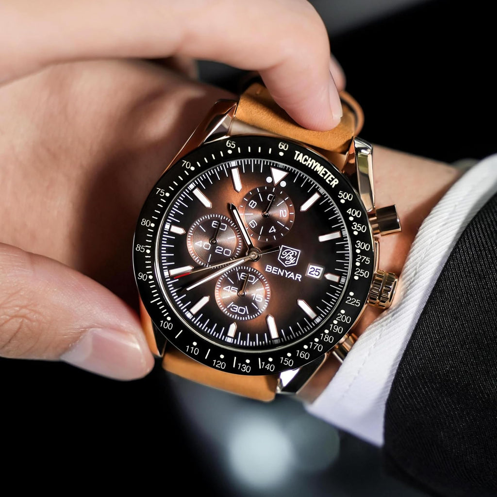 BENYAR Relojes para hombre, reloj de pulsera analógico con movimiento de cuarzo, correa de cuero/acero inoxidable/silicona, reloj de vestir casual para deportes de negocios, resistente al agua