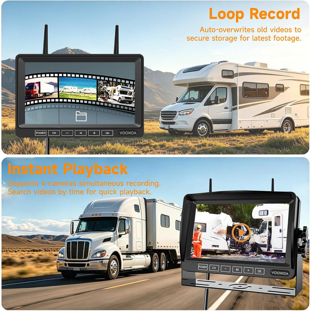 Sistema de cámara inalámbrica 1080P para RV, cámara de respaldo de visión nocturna IP69 impermeable con cámara de visión trasera lateral y monitor HD de 7 pulgadas para RV, camión, remolque, casa