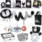 Joyreal Juguetes sensoriales de alto contraste para recién nacidos, juguetes sensoriales para bebés en blanco y negro con juguetes para asiento de automóvil, juguetes infantiles con libro de tarjetas