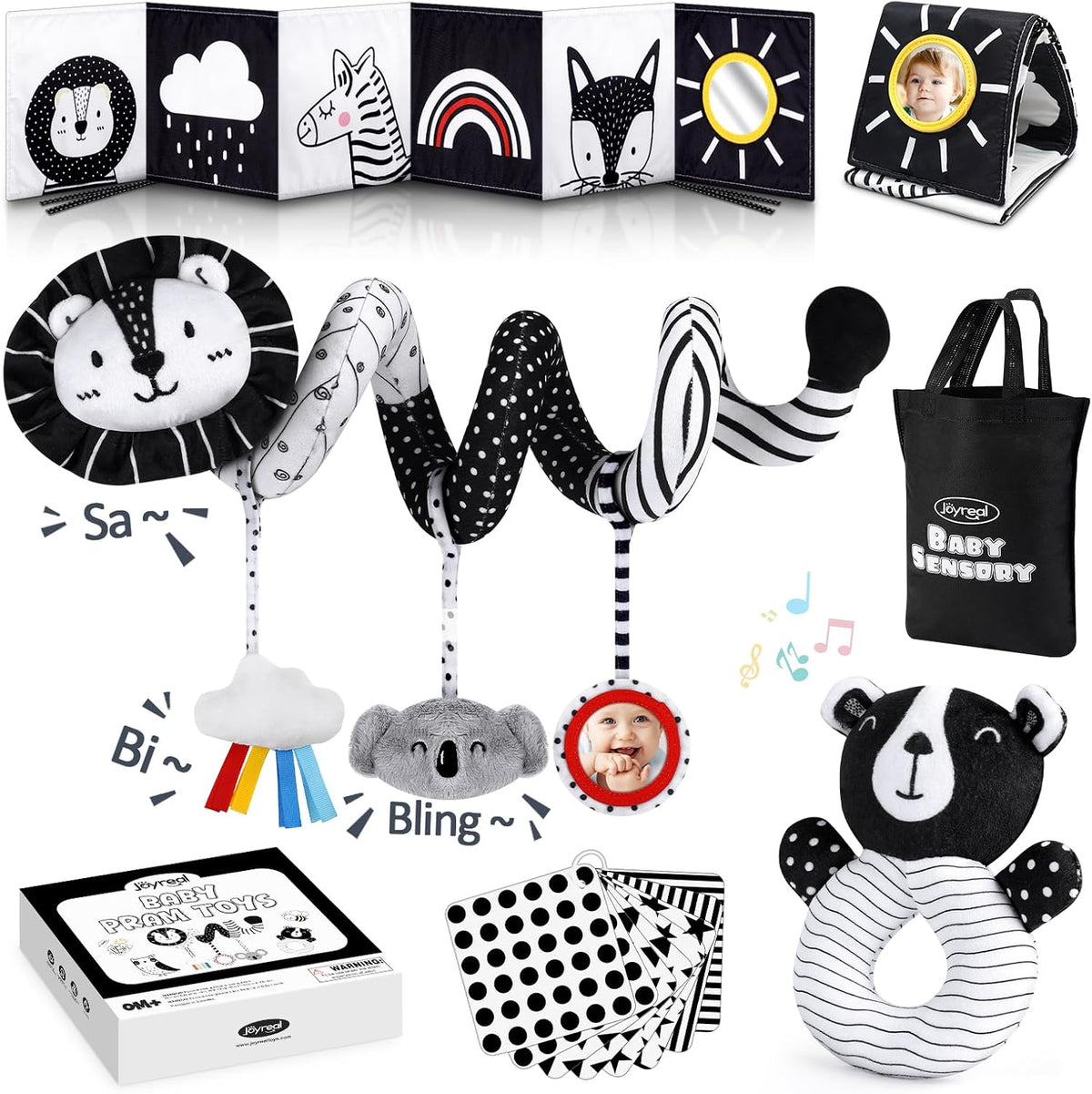 Joyreal Juguetes sensoriales de alto contraste para recién nacidos, juguetes sensoriales para bebés en blanco y negro con juguetes para asiento de automóvil, juguetes infantiles con libro de tarjetas