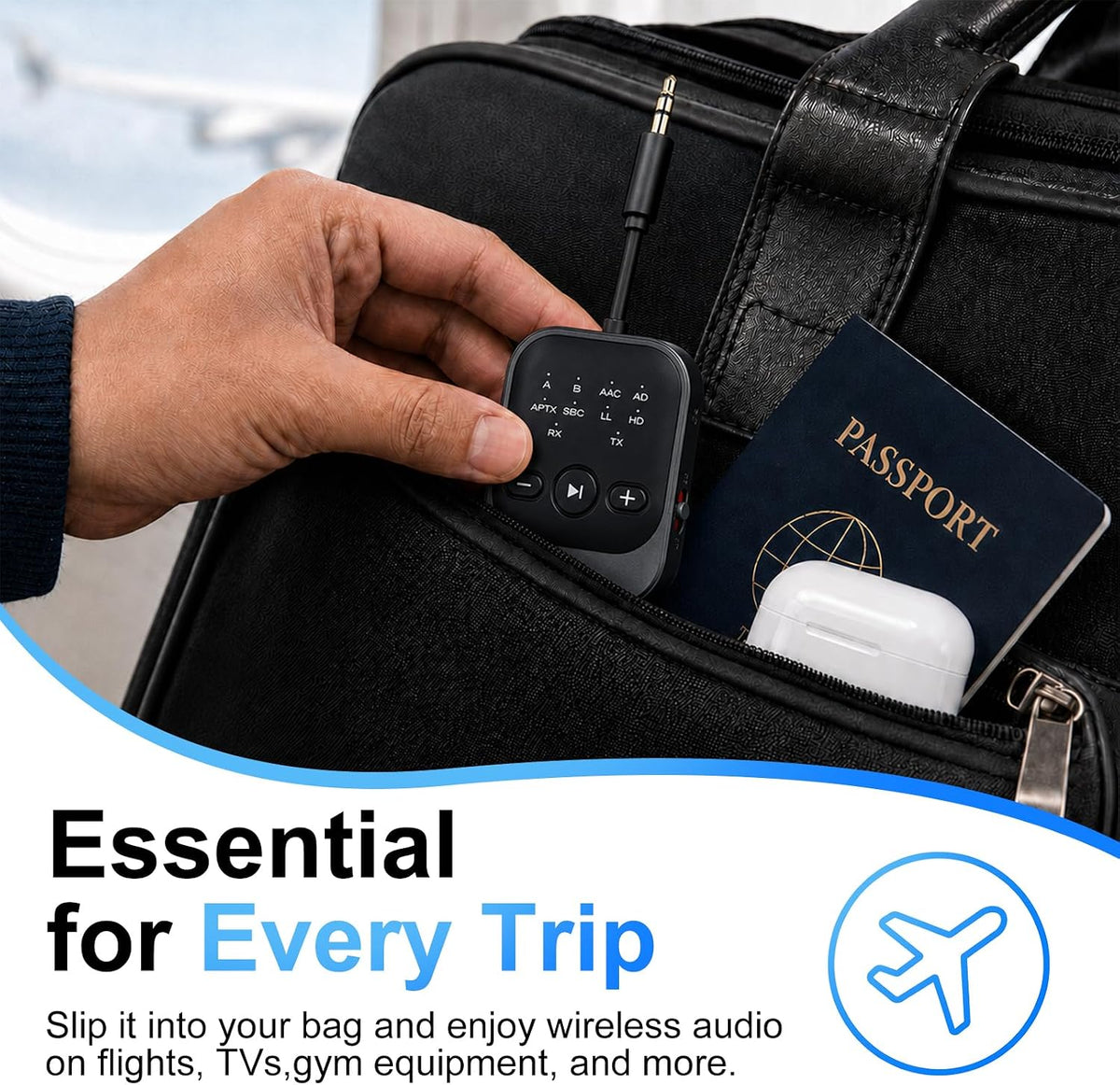 Transmisor Receptor Bluetooth, Adaptador Bluetooth para Avión para TV (Negro)