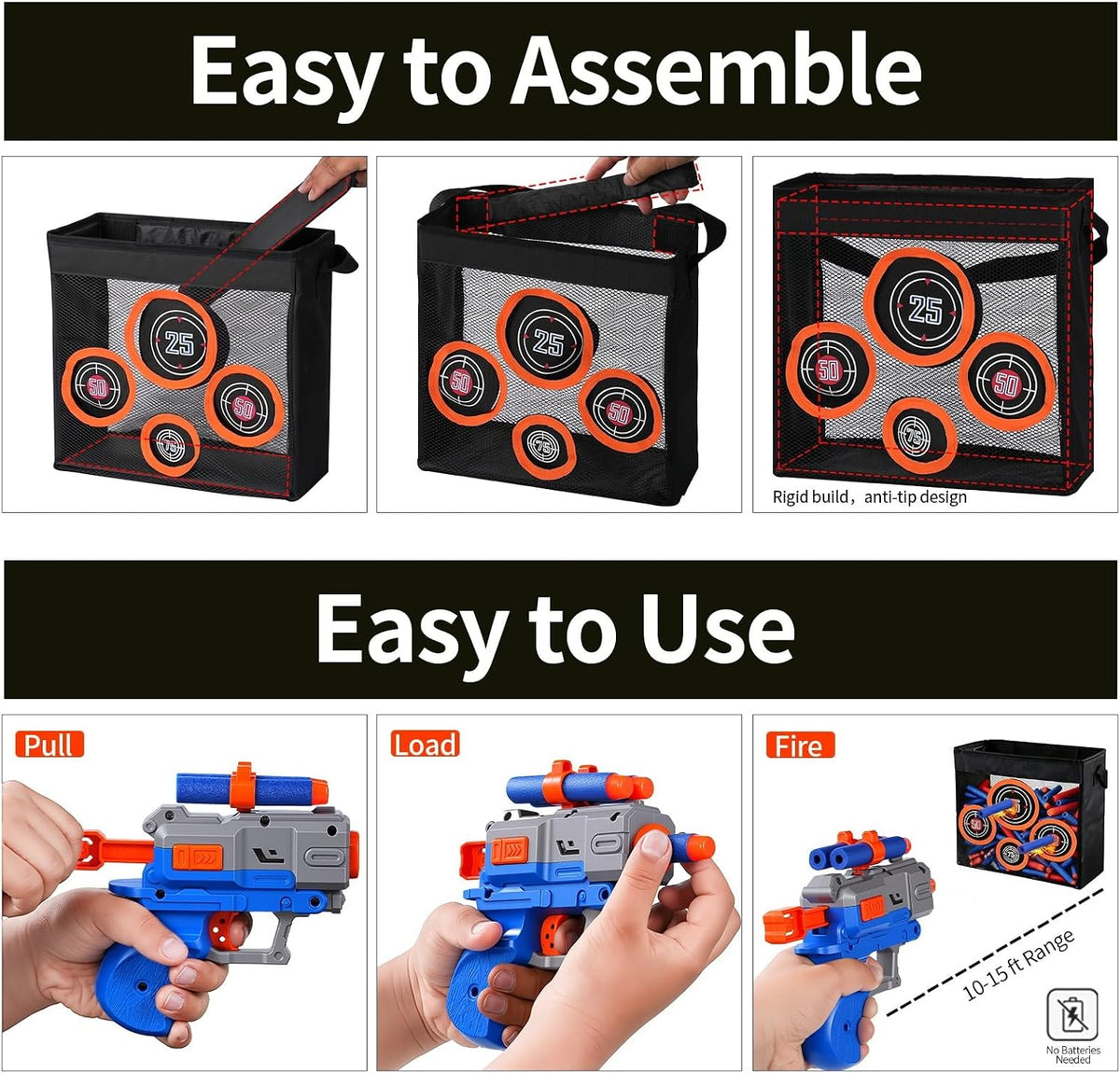 Conjunto de Práctica de Blanco para Perforación, para edades 6+, Compatible con Nerf Guns, Negro