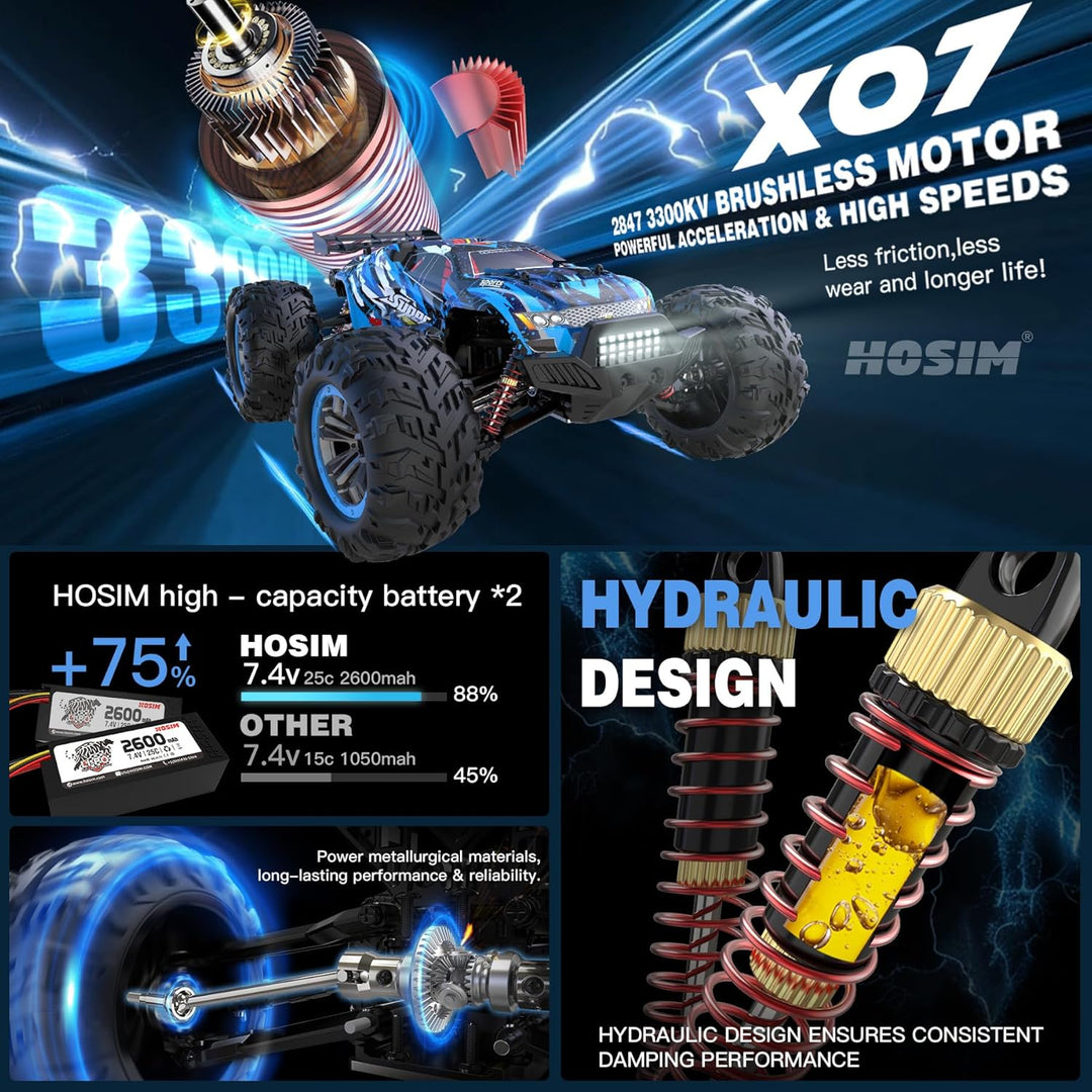Hosim - Coches RC sin escobillas, 1:10 68+ km\/h de alta velocidad,...