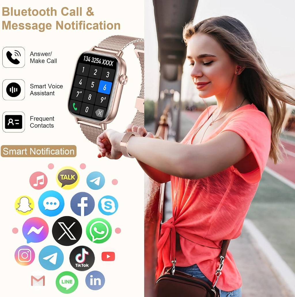 Reloj inteligente para mujer, rastreador de fitness HD de 1.85 pulgadas (respuesta/hacer llamadas/mensajes), más de 130 modos deportivos con frecuencia cardíaca 24/7/monitor de sueño/podómetro