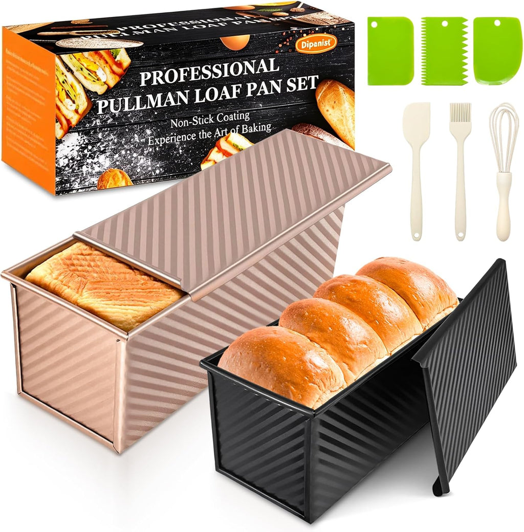 Pullman - Molde para pan con tapa, paquete de 2 unidades de 2.2 libras y 1 libra de capacidad de masa, sartén antiadherente de acero al carbono para pan sándwich y panes de masa madre, molde cuadrado para tostadas con herramientas para hornear, embalaje