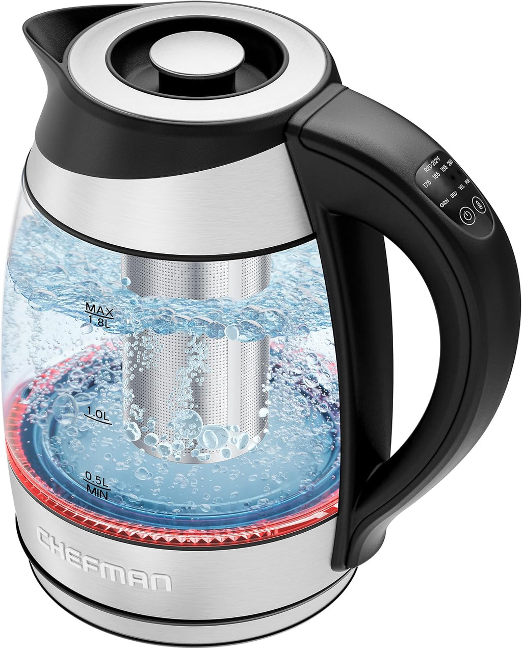 Chefman Hervidor eléctrico con control de temperatura, 5 luces indicadoras LED preajustadas, infusor de té extraíble, hervidor de té de vidrio y caldera de agua caliente, base giratoria de 360°, sin BPA, acero inoxidable, 1.8 litros