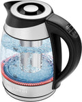 Chefman Hervidor eléctrico con control de temperatura, 5 luces indicadoras LED preajustadas, infusor de té extraíble, hervidor de té de vidrio y caldera de agua caliente, base giratoria de 360°, sin BPA, acero inoxidable, 1.8 litros