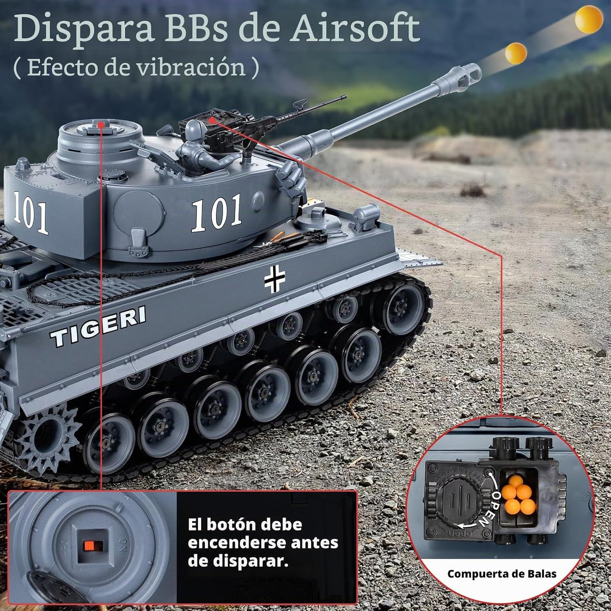 1:18 RC Tank que dispara BBS, 2.4G WW2 German Tiger I Modelo de juguetes de control remoto, juguete militar con humo, luces, sonido y retroceso, vehículo militar RC para adultos y niños de 8 años en adelante