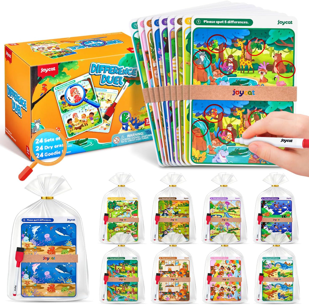 JoyCat Paquete de 24 tarjetas de juego de Spot the Difference para niños, recuerdos de fiesta reutilizables de borrado en seco, premios de aula, rellenos de bolsas de golosinas y regalos de devolución de cumpleaños para edades de 4 a 8 años