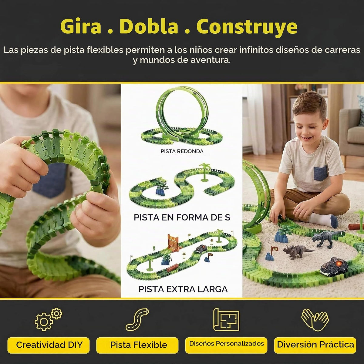 Juguetes de pista de carreras de dinosaurios para niños de 3 a 5 años, juego de pista de autos de dinosaurio de doble bucle, juego de pista de carreras de aventura flexible para niños de 4 a 7 años