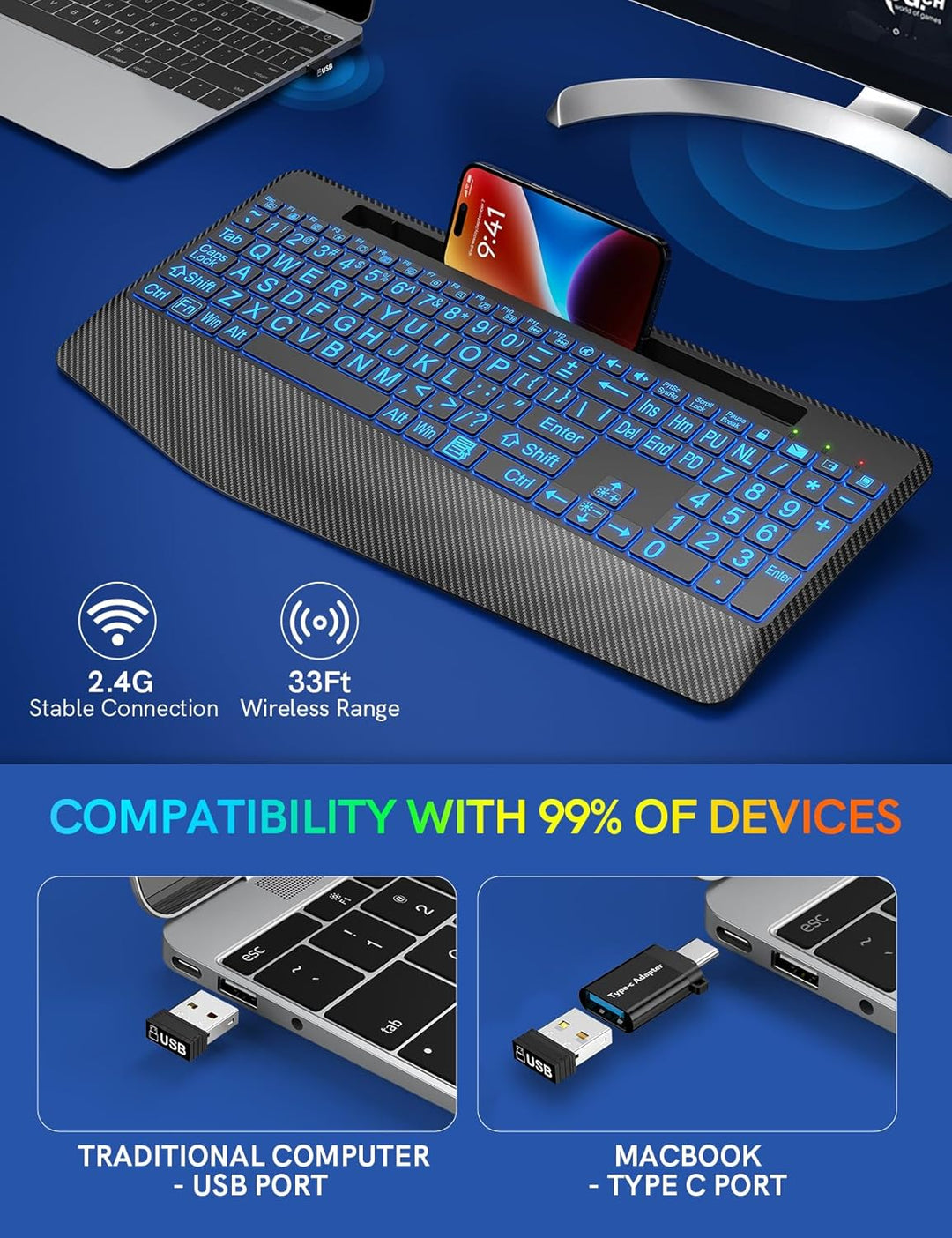 Teclado inalámbrico con retroiluminación de 7 colores, reposamuñeca...