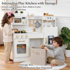 Cocina de juego de madera para niños pequeños de 3 a 5 años con sistema de almacenamiento y 18 piezas, juego de regalo de cocina compacto todo en uno, nevera, máquina de hielo, cafetera