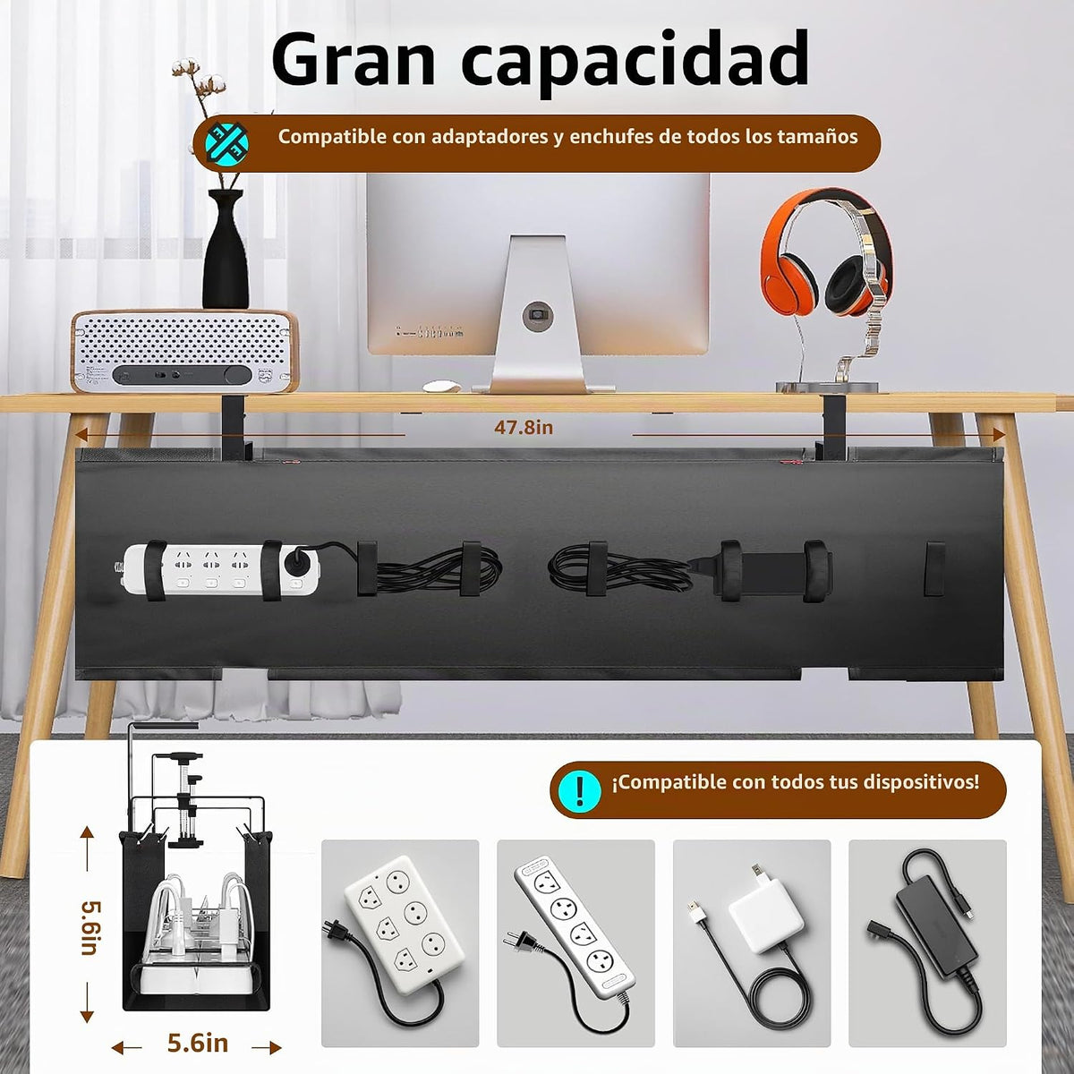 Bandeja de gestión de cables debajo del escritorio de 48" para juego, Negro sin taladro, Organizador de cables para PC, Grande anti-hundimiento para ocultar cables, Red de gestión de cables furtiva para estación de batalla (Negro, 47.8")