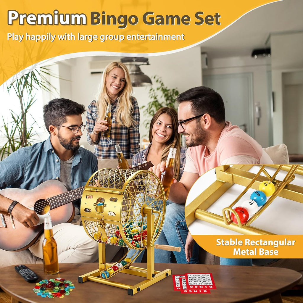 Juego de bingo de 12.6 pulgadas de alto con jaula de acero, juego de bingo profesional para adultos incluye 150 fichas coloridas, 30 tarjetas y 75 bolas, ideal para diversión familiar, grupos grandes, fiestas