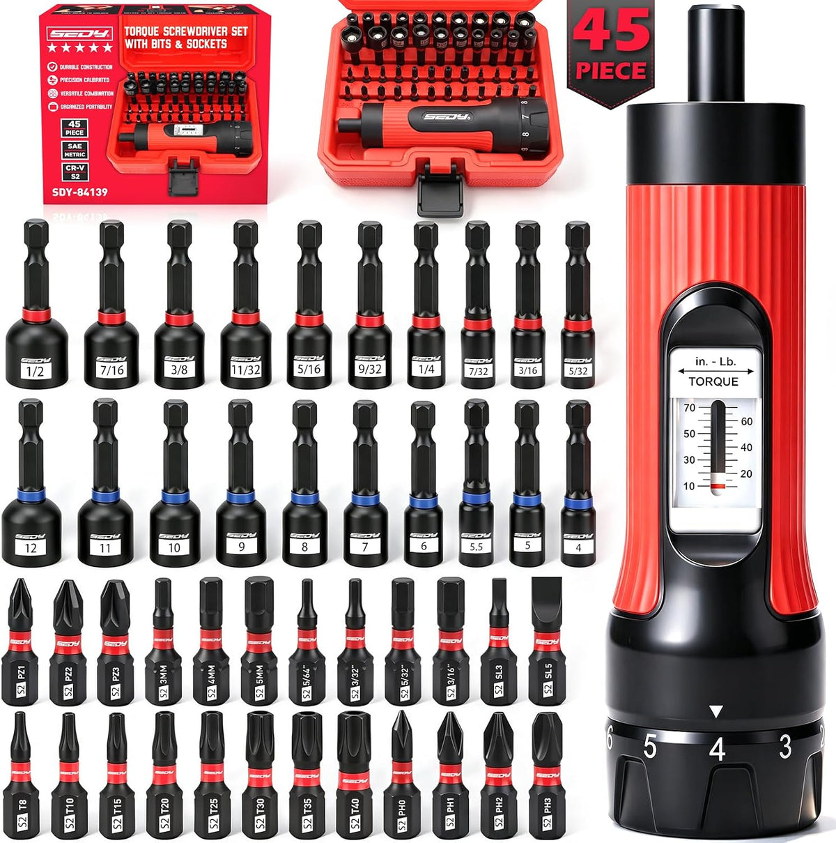 Destornillador dinamométrico de 10-70 pulgadas, juego de 45 piezas de 1/4 pulgadas con 24 puntas de acero S2, 20 destornilladores magnéticos SAE y tuercas métricas CR-V, estuche de almacenamiento