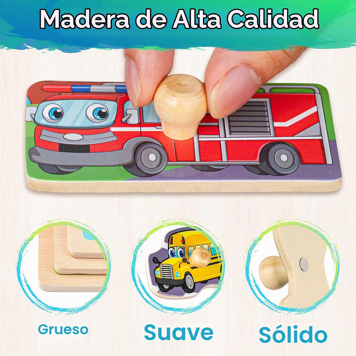 SYNARRY Rompecabezas de madera para niños pequeños de 1 a 3 años, 6 rompecabezas para niños pequeños de 2 a 4 años con estante, vehículo de dinosaurio animal para niños, juguetes educativos para niños