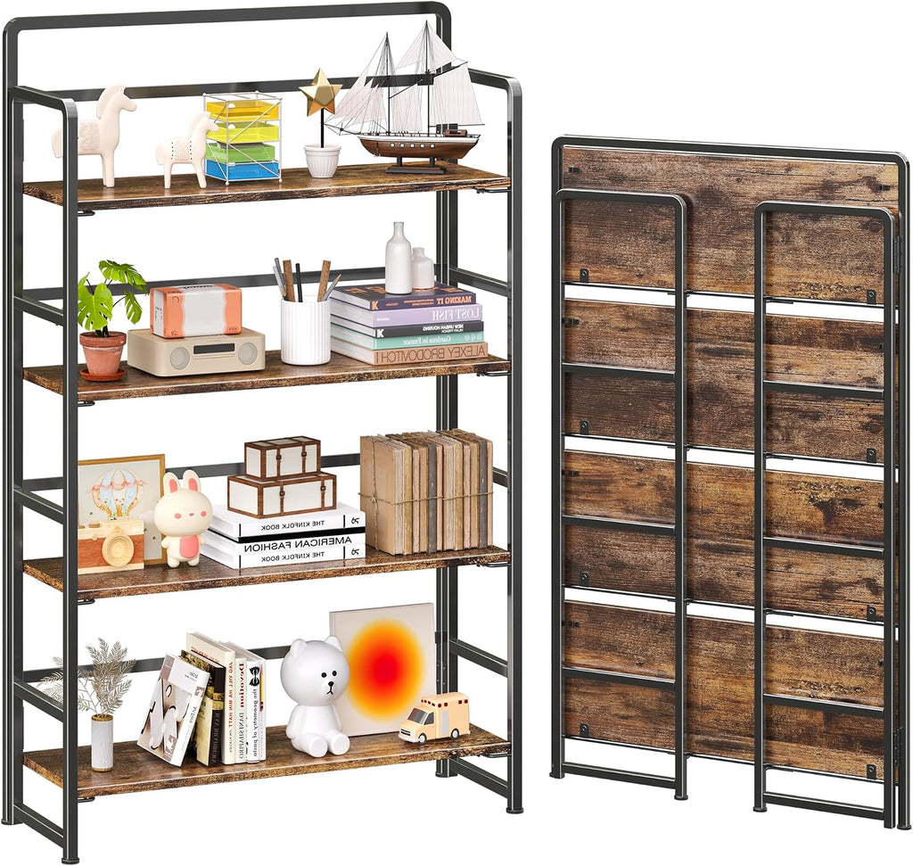 Estantería plegable extra ancha de 4 niveles sin montaje, estantes de almacenamiento vintage para dormitorio, sala de estar, oficina en casa