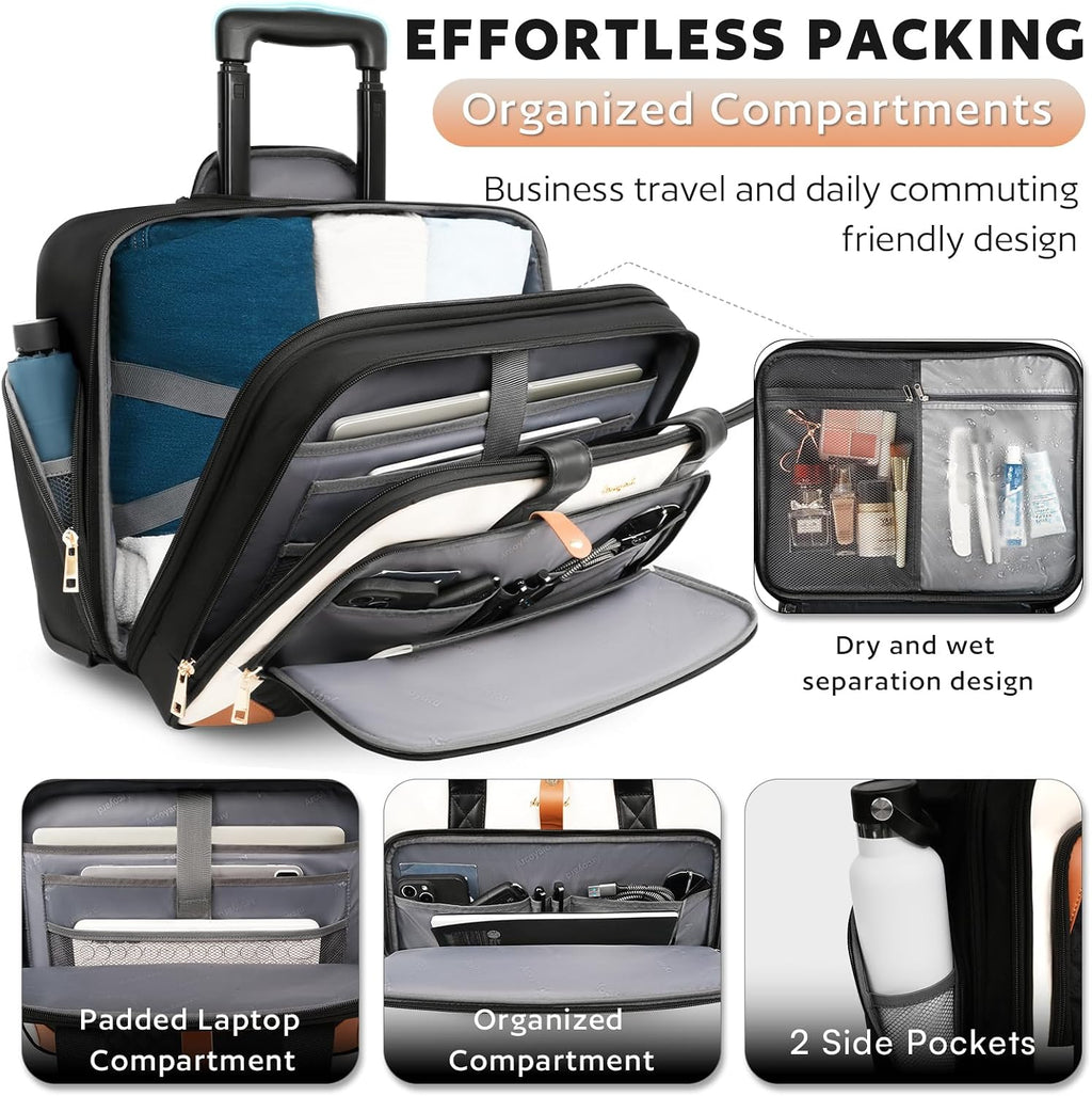 Arcoyard - Bolsa con ruedas para laptop, maletín con ruedas para mujer, con bolsillo impermeable, bolsa para computadora de 17 pulgadas, equipaje de mano debajo del asiento con ruedas para trabajo