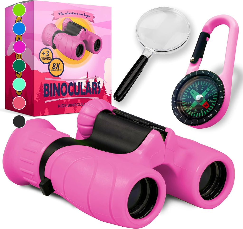 Binoculares para niños – Juguete perfecto para niños pequeños y niñas – Juego extenso que incluye lupa y brújula – Potente aumento 8 x 21 – niños de 3 a 12 años para niños pequeños