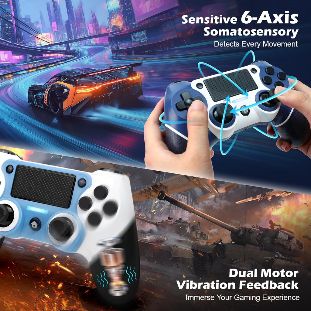 Paquete de 2 controles para PS4 con tapones para joysticks, control inalámbrico con botones traseros programables para PS4/Pro/Slim/PC, batería de 1000mAh/vibración dual/joystick con efecto Hall/panel táctil/giroscopio de 6 ejes/entrada de 3.5 mm